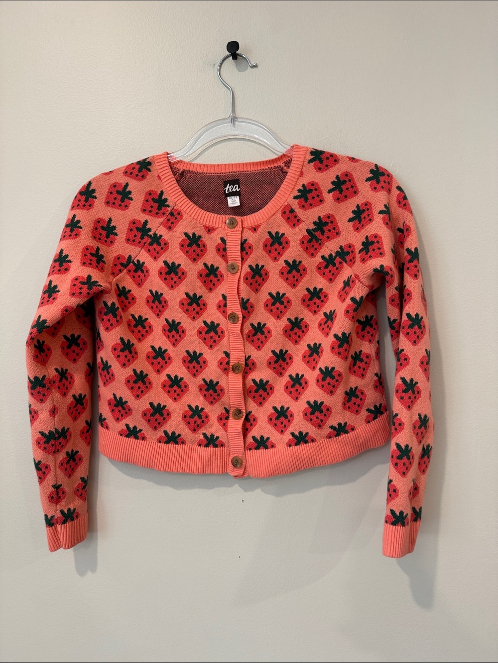 Tea Collection Coral Pink Cotton Cardigan with Strawberry Print 12/14